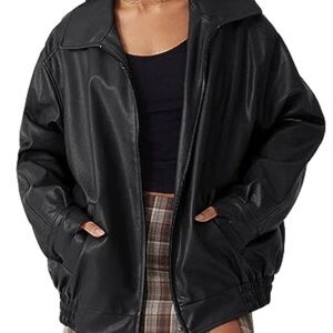 Black Faux Leather Bomber Jacket - Women